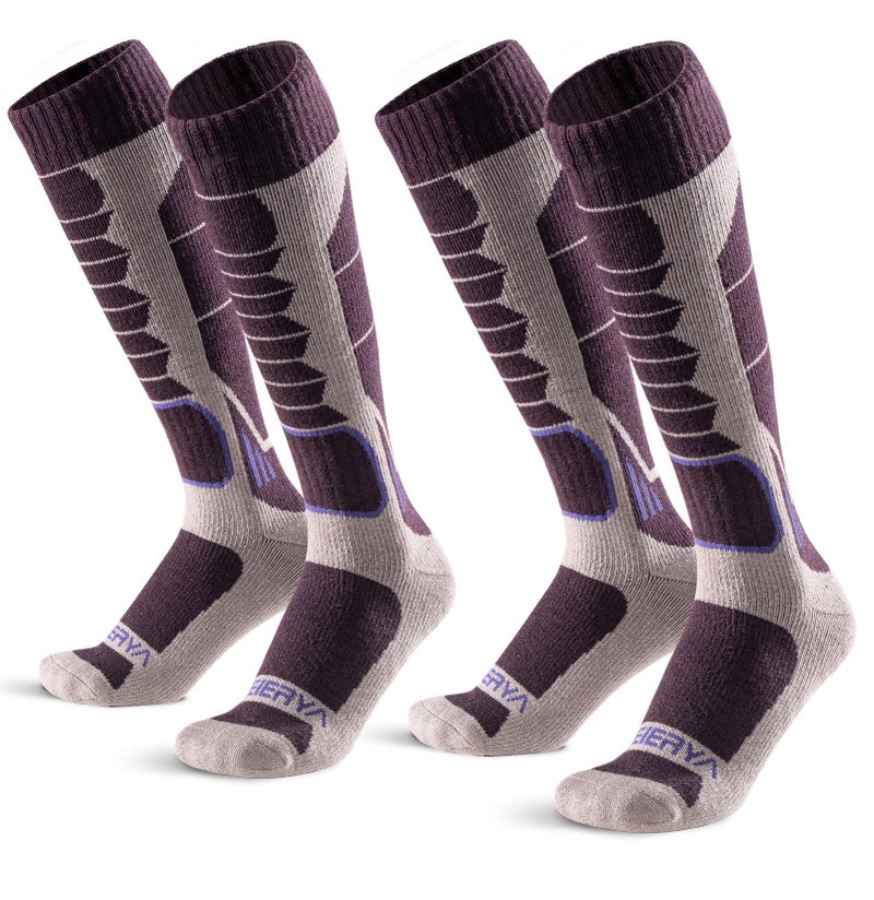 WEIERYA Ski Sock Merino Wool Ski Socks Mens Womens Skiing & Snowboarding Socks, Over The Calf (US, Alpha, Large, Regular, Regular, 2, Purple)